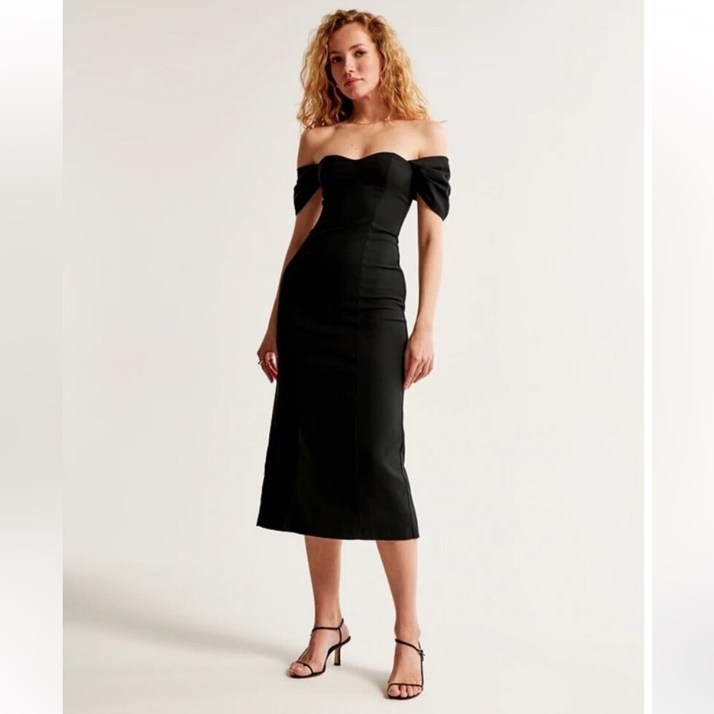 Abercrombie Clean Off-The-Shoulder Midi Dress, Black Large Petite